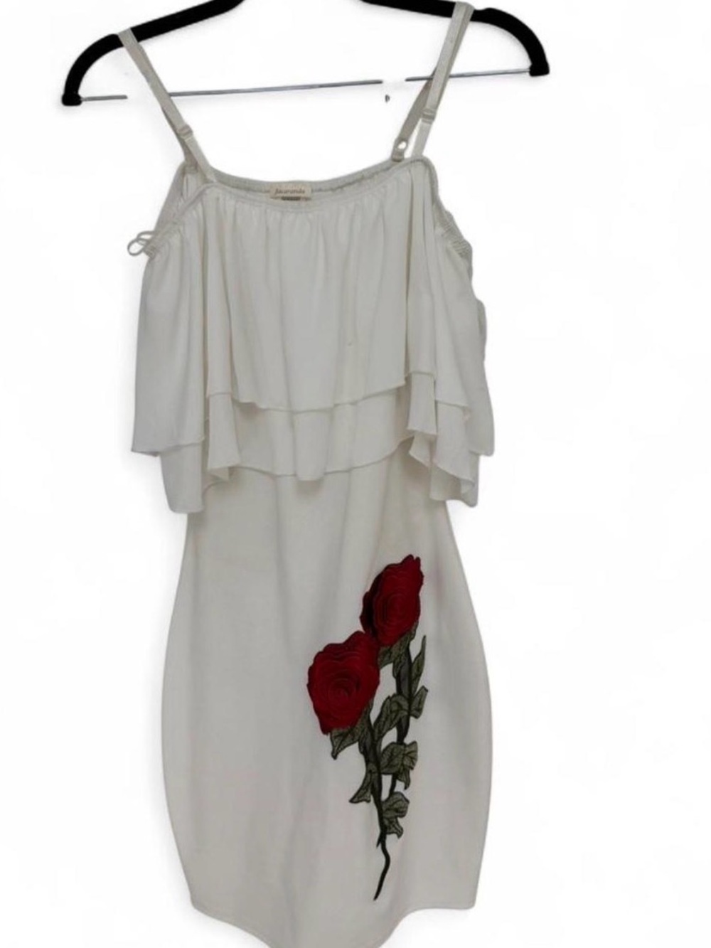 Ivory Tiered Spaghetti-Strap Mini Dress with Red Rose Embroidery